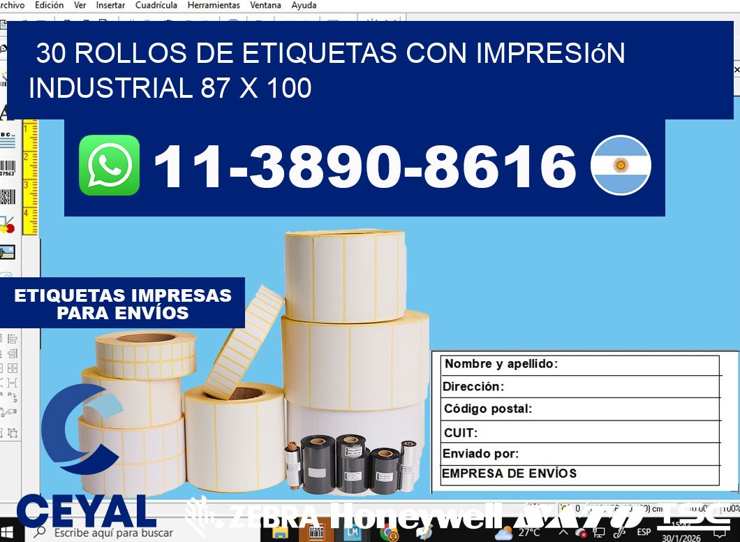 30 rollos de etiquetas con impresión industrial 87 x 100