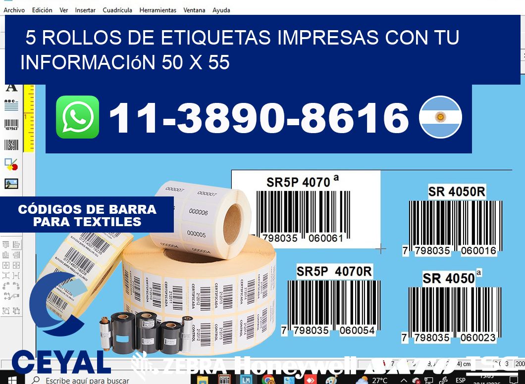 5 rollos de etiquetas impresas con tu información 50 x 55