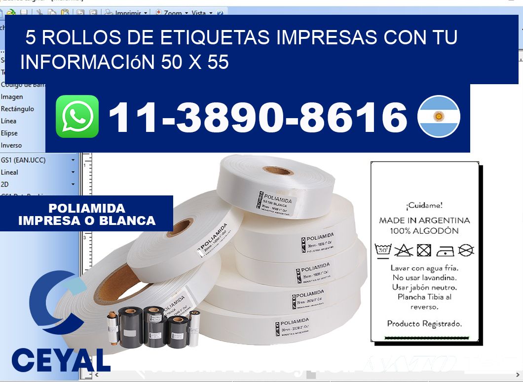 5 rollos de etiquetas impresas con tu información 50 x 55