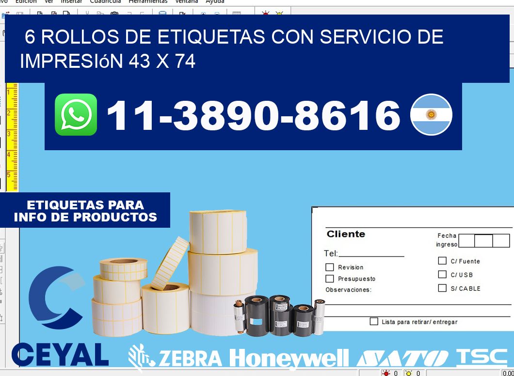 6 rollos de etiquetas con servicio de impresión 43 x 74