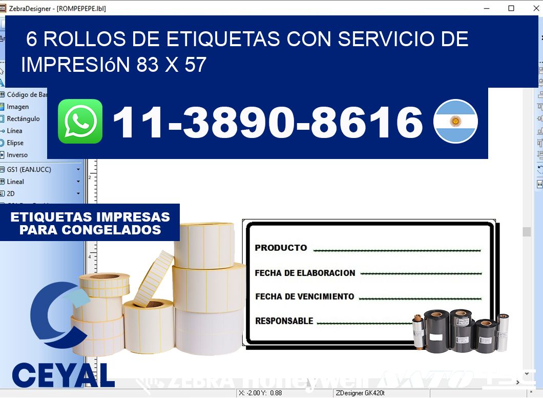 6 rollos de etiquetas con servicio de impresión 83 x 57