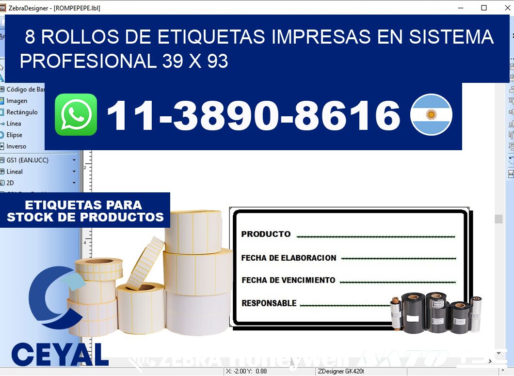 8 rollos de etiquetas impresas en sistema profesional 39 x 93