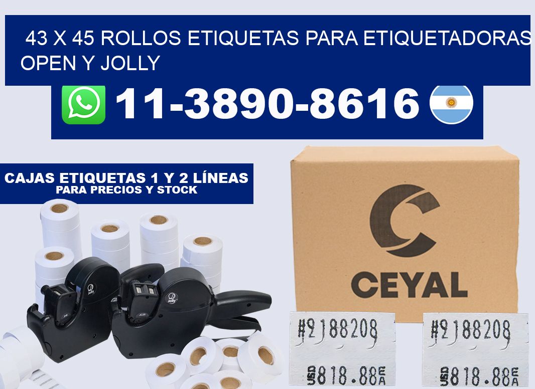 43 x 45 Rollos etiquetas para etiquetadoras open y jolly