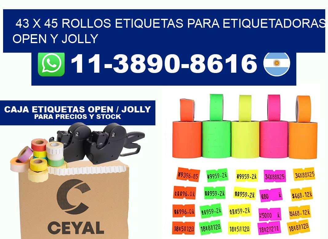 43 x 45 Rollos etiquetas para etiquetadoras open y jolly